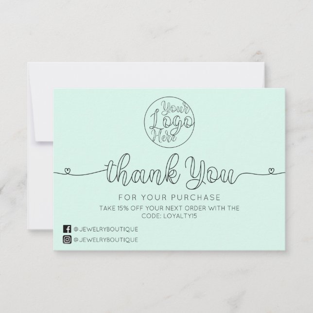 Simple Mint Handwritten Hearts Customer Business Thank You Card (Front)