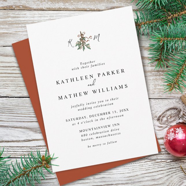 Simple Mistletoe Initials Holiday Wedding Invitation (Mistletoe Initials Holiday Wedding Invitation)