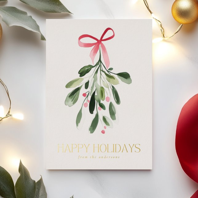 Simple Mistletoe Non Photo Christmas Gold Foil Holiday Card (Creator Uploaded)