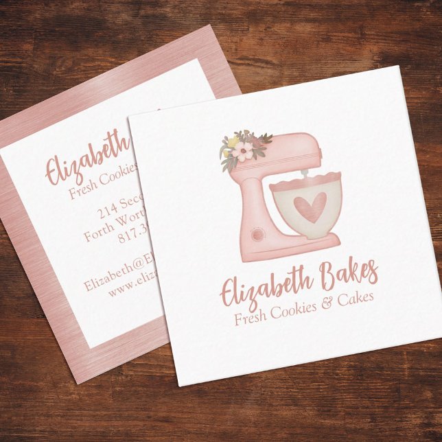 Simple Mixer Floral Cake Bakery Business Card (A cute pink  mixer bakery business card. Personalize it with your info.)