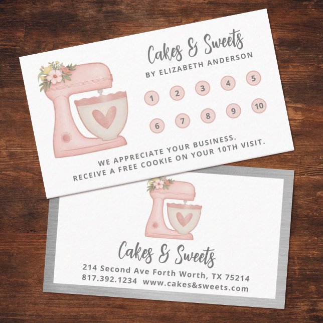 Simple Mixer Floral Cake Bakery Business Loyalty Card (cute pink mixer loyalty punch card. Personalize it for your business.)