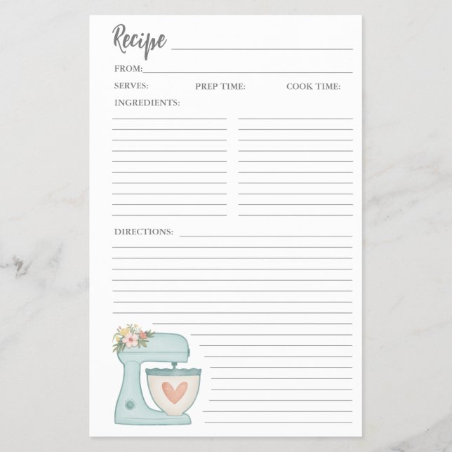Simple Mixer Floral Cake Bakery Recipe Card Flyer (Front)