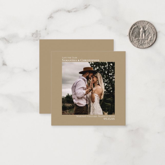 Simple Mocha Tan Wedding Save the Date Photo Card (Front/Back In Situ)