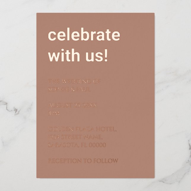 Simple Mocha Wedding Rose Gold Foil Invitation (Front)