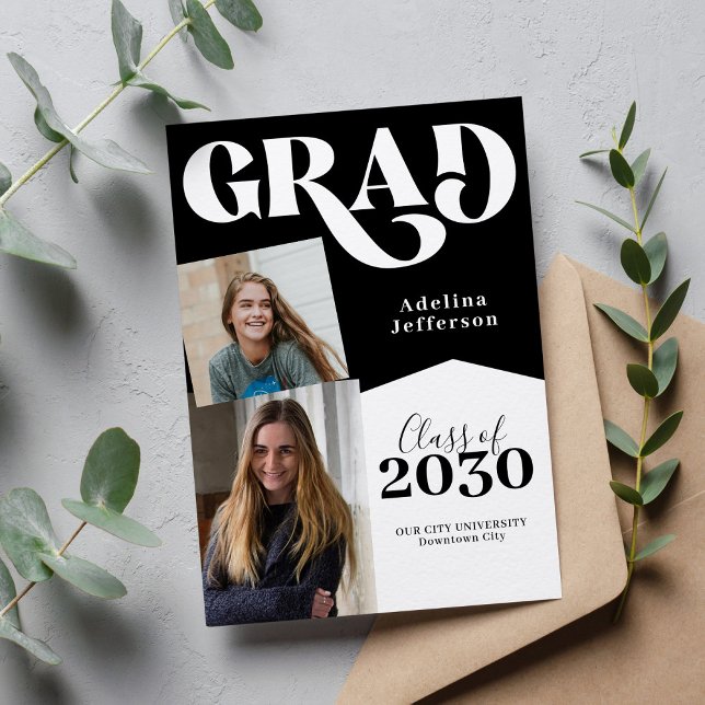 Simple modern 2 graduate photos black graduation announcement (Creator Uploaded)