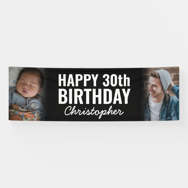 Simple Modern 2 Photo Script Happy Birthday Party Banner (Horizontal)