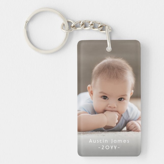 Simple Modern 2 Photo White Text Overlay Keepsake Key Ring (Front)