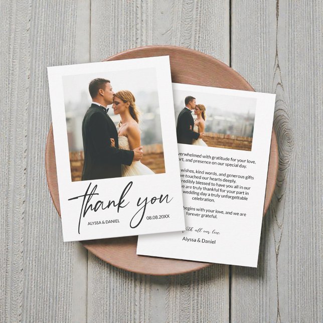 Simple Modern 2 Photos Wedding Note  Thank You Card (Modern handlettering thank you script with 2 wedding photo and custom message wedding announcement.)