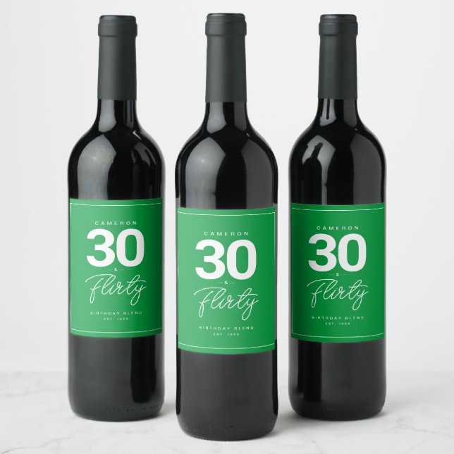 Simple Modern 30 & Flirty Personalised Neon Green Wine Label (Bottles)