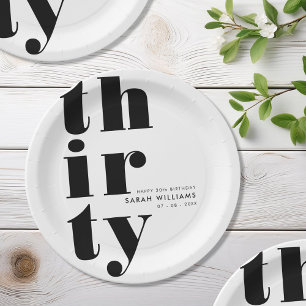 Simple Modern 30th Birthday Party Paper Plate