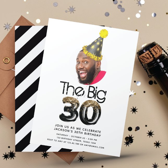 Simple Modern 30th Birthday Photo Black Gold Invitation (Creator Uploaded)