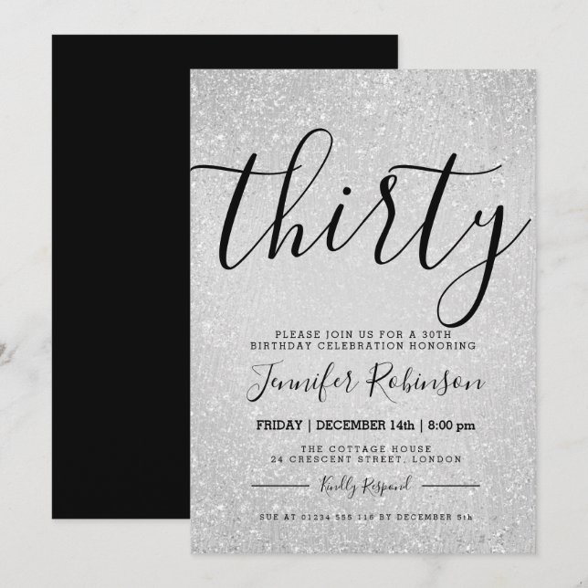 Simple + Modern 30th Birthday Silver Glitter Paint Invitation (Front/Back)