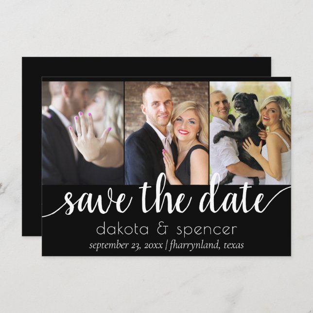 Simple Modern 3 Photo | Classic Script Flourish Save The Date (Front/Back)