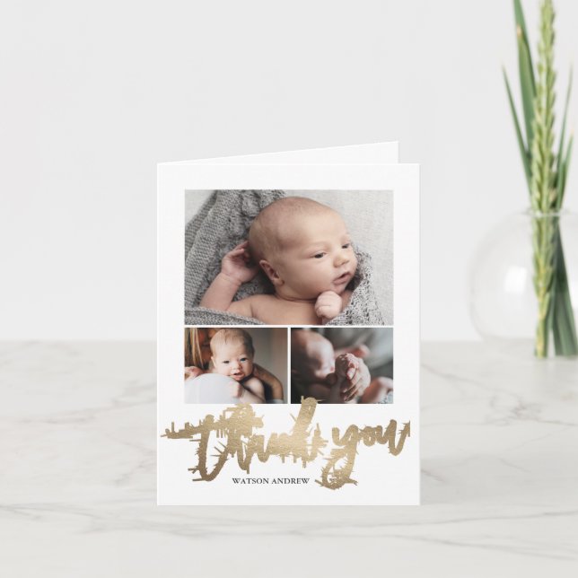 Simple Modern 3 Photo Collage Baby Photo  Thank You Card (Front)