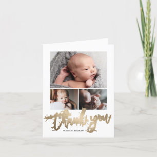 Simple Modern 3 Photo Collage Baby Photo Thank You Card