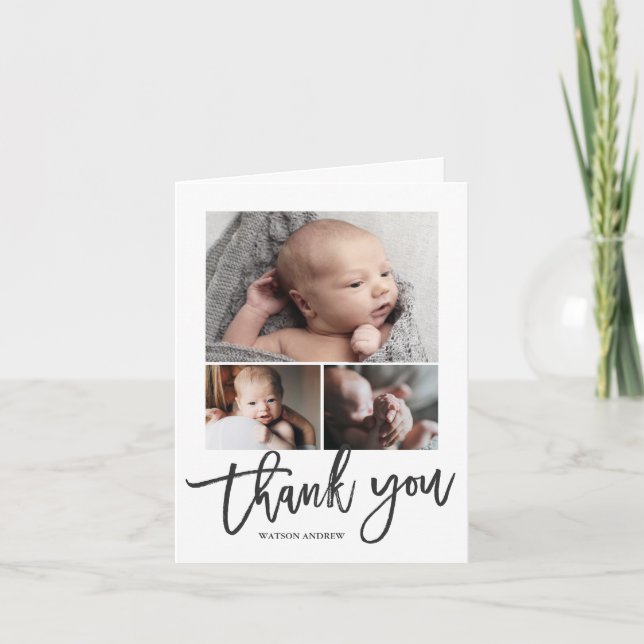 Simple Modern 3 Photo Collage Baby Photo  Thank You Card (Front)