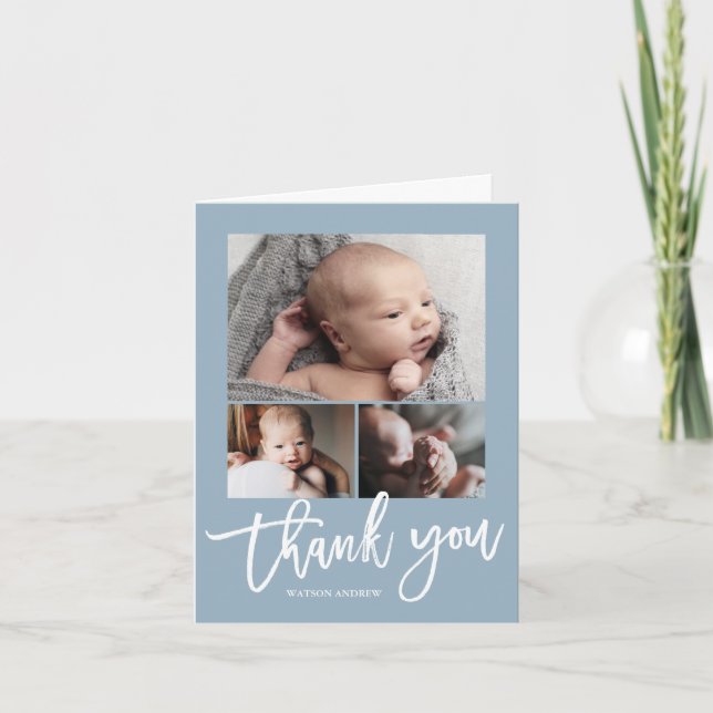 Simple Modern 3 Photo Collage Baby Photo  Thank You Card (Front)