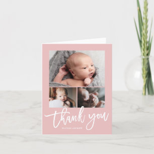 Simple Modern 3 Photo Collage Baby Photo Thank You Card