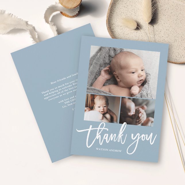 Simple Modern 3 Photo Collage Baby Photo  Thank You Card (Simple photo collage baby thank you card with modern script in white on a dusty blue background.)