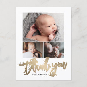 Simple Modern 3 Photo Collage Baby Photo Thank You Postcard