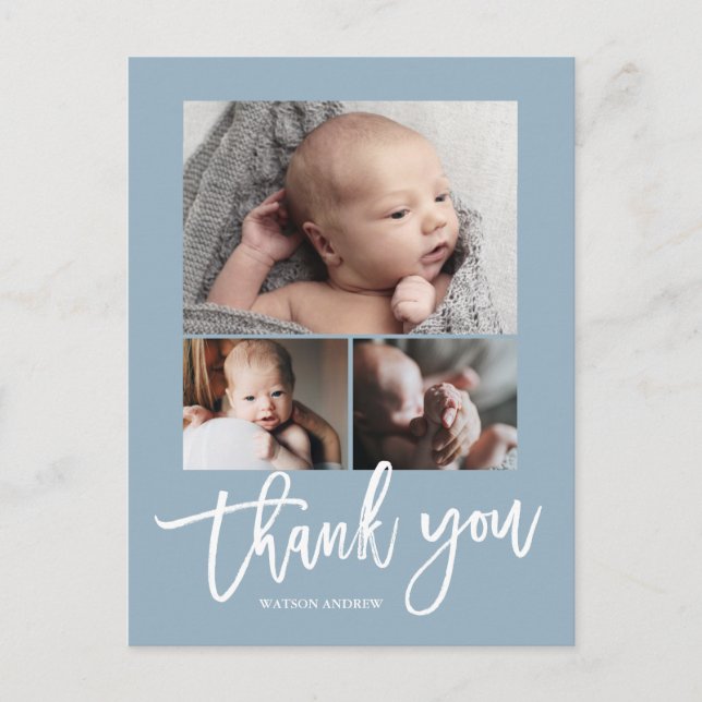 Simple Modern 3 Photo Collage Baby Photo Thank You Postcard (Front)