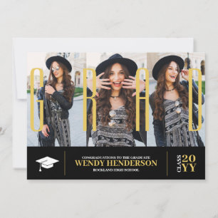 Simple Modern 3 Photo Collage Black Graduation Announcement