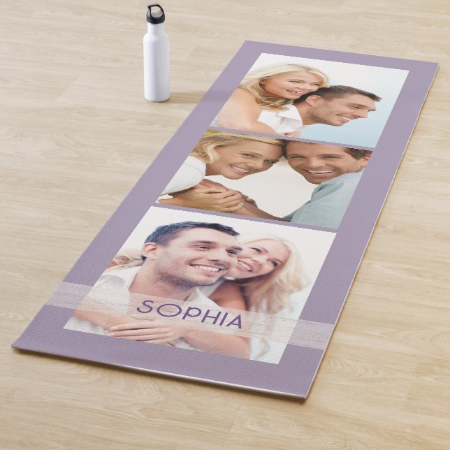 Simple Modern 3 Photo Collage Dusty Lavender Name  Yoga Mat (In Situ)