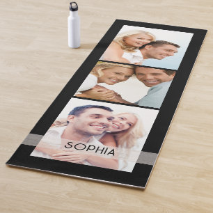 Simple Modern 3 Photo Collage Name Personalised Yoga Mat