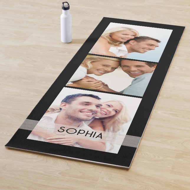 Simple Modern 3 Photo Collage Name Personalised Yoga Mat (In Situ)