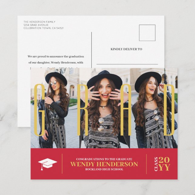 Simple Modern 3 Photo Red Graduation Announcement Postcard (Front/Back)