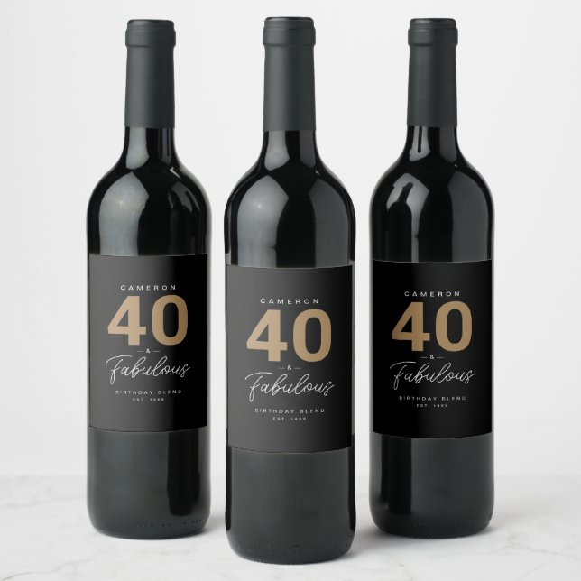 Simple Modern 40 & Fabulous Personalised Black Wine Label (Bottles)