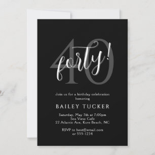 Simple Modern 40th Birthday Women's Black & White Invitation