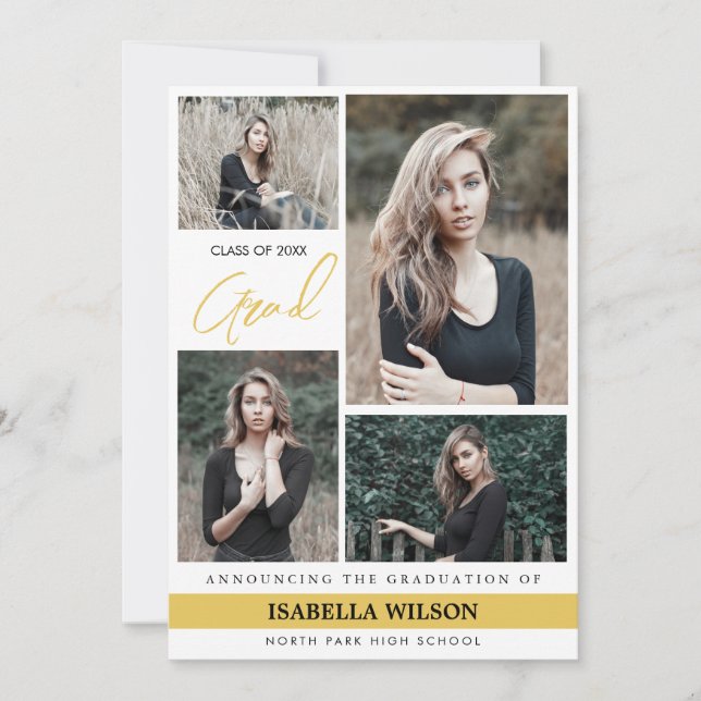 Simple Modern 4 Photo Collage White Graduation Announcement (Front)