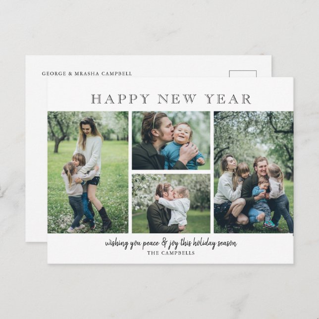 Simple Modern 4 photos Happy New Year Holiday Postcard (Front/Back)