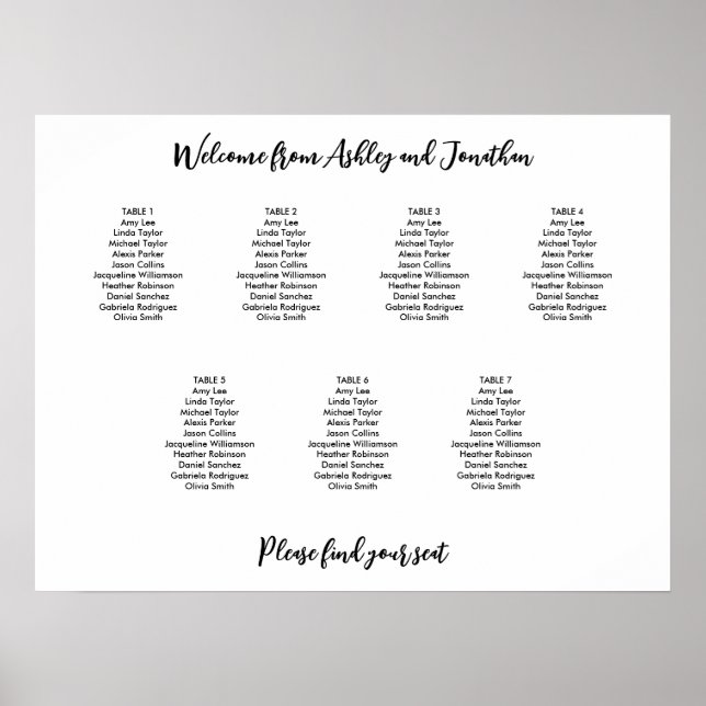 Simple Modern 7 Table Seating Chart (Front)