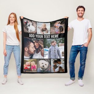 Simple Modern 8 Photo Collage Custom Text Black Fleece Blanket