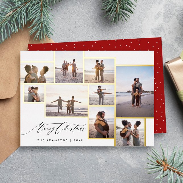Simple Modern 9 Photo Collage Merry Christmas Foil Holiday Card (Creator Uploaded)