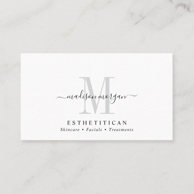 Simple Modern Aesthetician Script Monogram Business Card (Front)