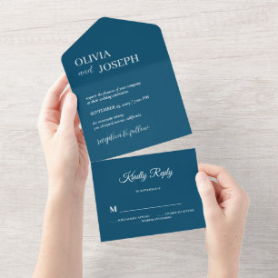 Simple Modern and Minimalist Navy Blue Wedding All In One Invitation