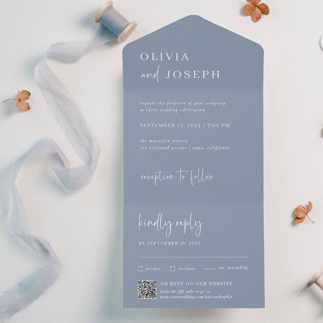 Simple Modern and Minimalist | Wedding QR Code All In One Invitation (A chic, modern dusty blue wedding invitation that includes an rsvp card with scannable QR code)