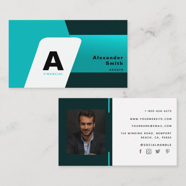 Simple Modern Aqua Blue Logo Professional Photo Business Card (Front/Back)