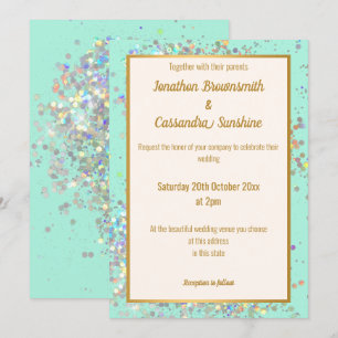 SIMPLE MODERN AQUA GOLD HOLOGRAPHIC PASTEL WEDDING INVITATION