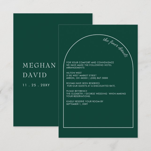 Simple Modern Arch Emerald Green Wedding   Enclosure Card (Front/Back)