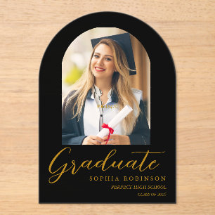 Simple Modern Arch Photo Gold Script Graduation Acrylic Invitations