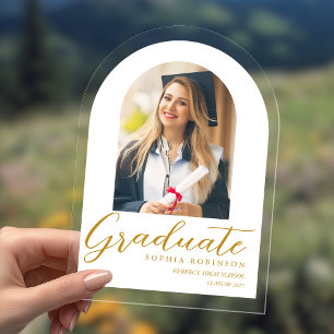 Simple Modern Arch Photo Graduation Gold Acrylic Invitations