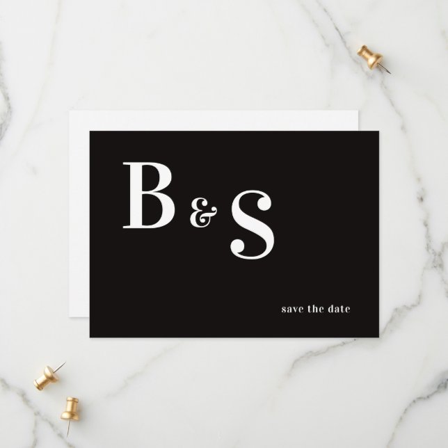 Simple Modern B/W Monogram QR Code Save The Date (Front/Back In Situ)