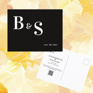 Simple Modern B/W Monogram QR Code Save The Date  Postcard