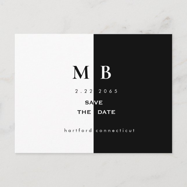 Simple Modern B/W Monogram Wedding Save the Date  Announcement Postcard (Front)