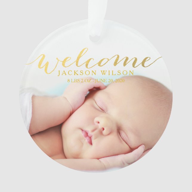 Simple Modern Baby Birth Photo Announcement Ornament (Front)