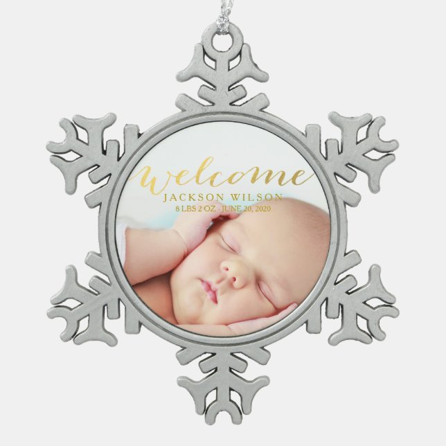 Simple Modern Baby Birth Photo Announcement Snowflake Pewter Christmas Ornament (Front)